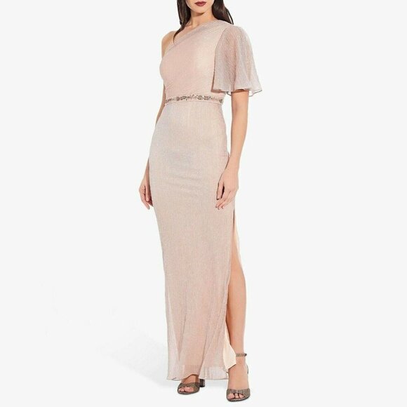 Adrianna Papell Sz 6 One Shoulder Sleeve Glitter High Slit Gown Blush Rose Gold